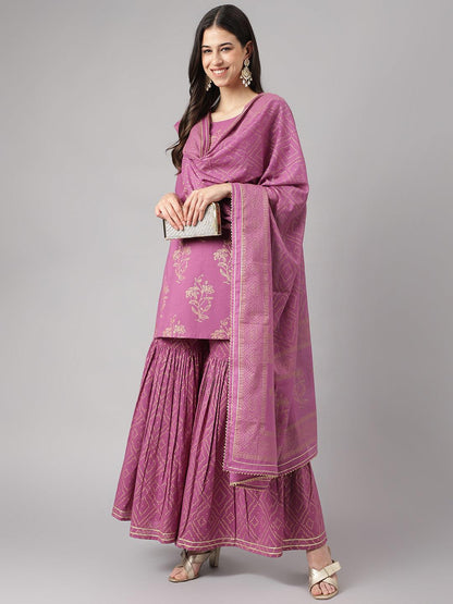 Eshani Purple Foil Print Cotton Sharara Set with Dupatta - Eshani world