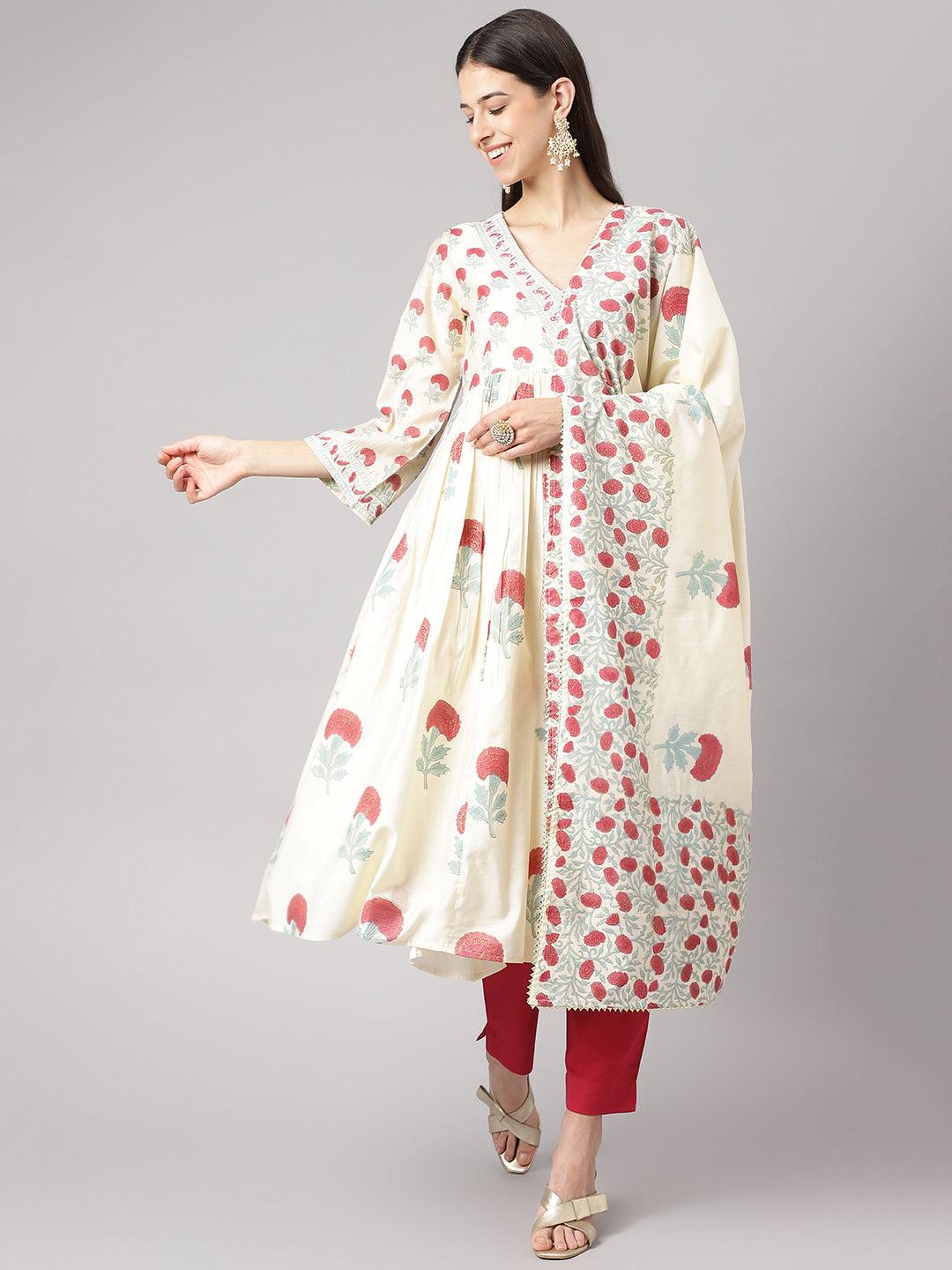Eshani Cream Chanderi Floral Anarkali Kurta Pant Set with Dupatta - Eshani world