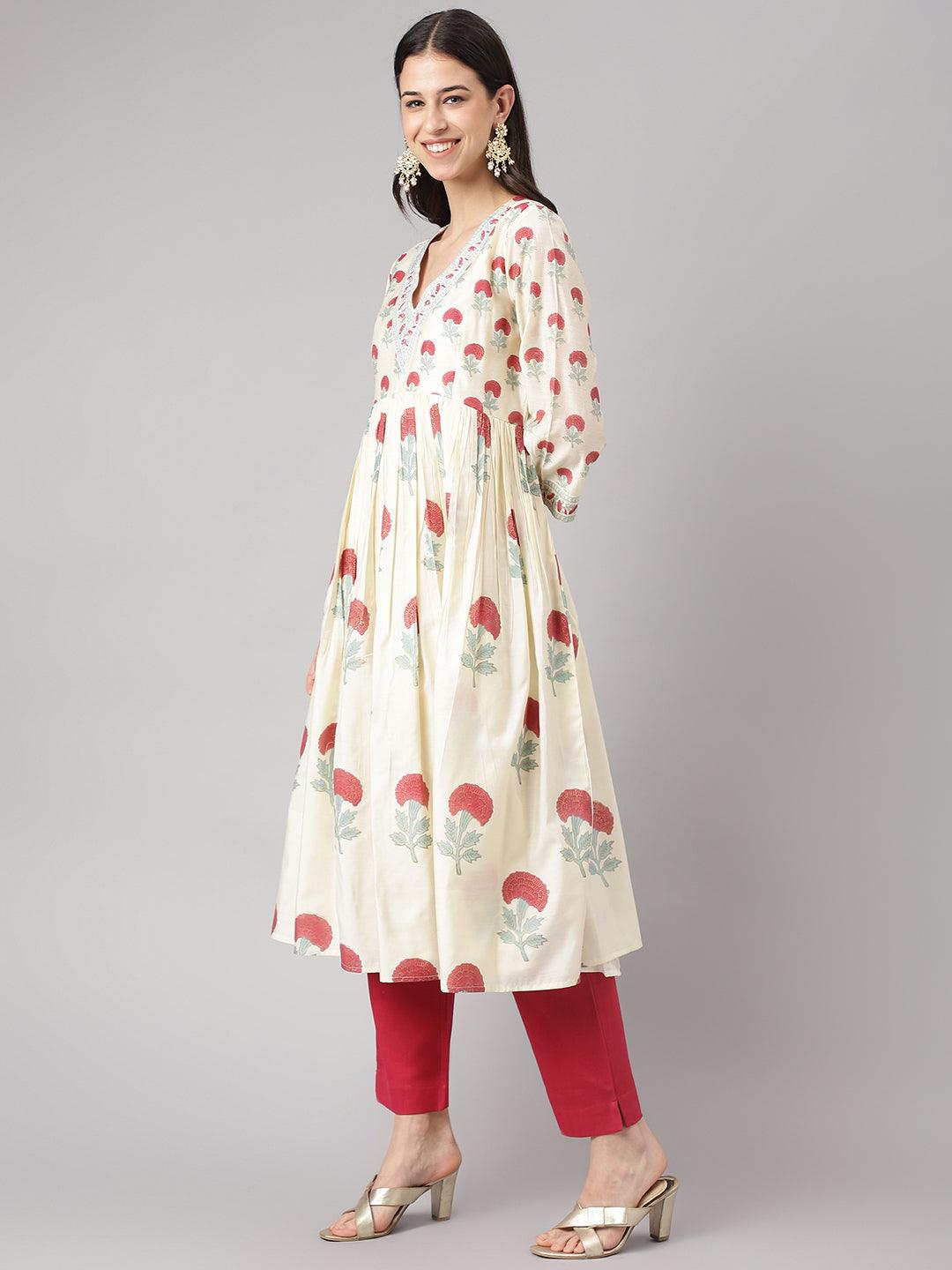 Eshani Cream Chanderi Floral Anarkali Kurta Pant Set with Dupatta - Eshani world