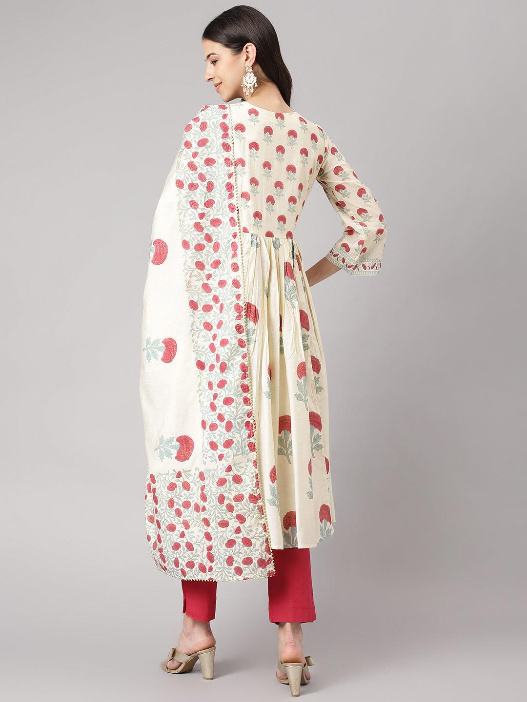 Eshani Cream Chanderi Floral Anarkali Kurta Pant Set with Dupatta - Eshani world