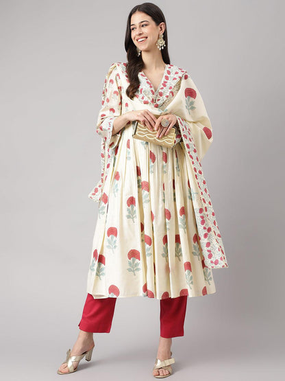 Eshani Cream Chanderi Floral Anarkali Kurta Pant Set with Dupatta - Eshani world