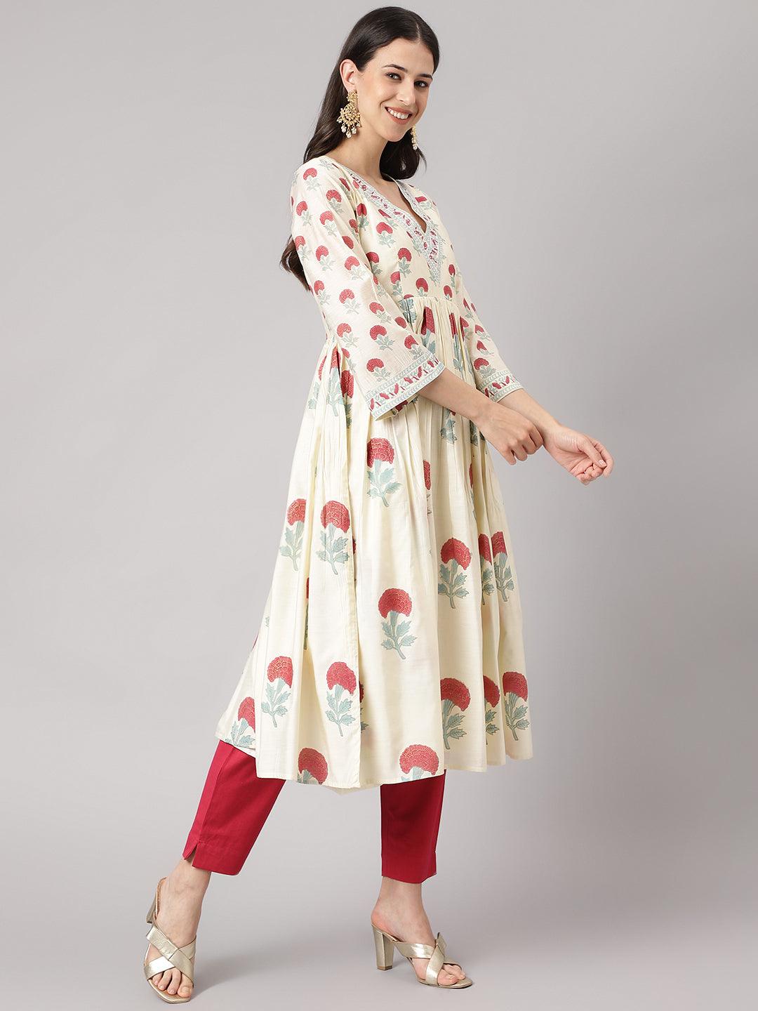 Eshani Cream Chanderi Floral Anarkali Kurta Pant Set with Dupatta - Eshani world