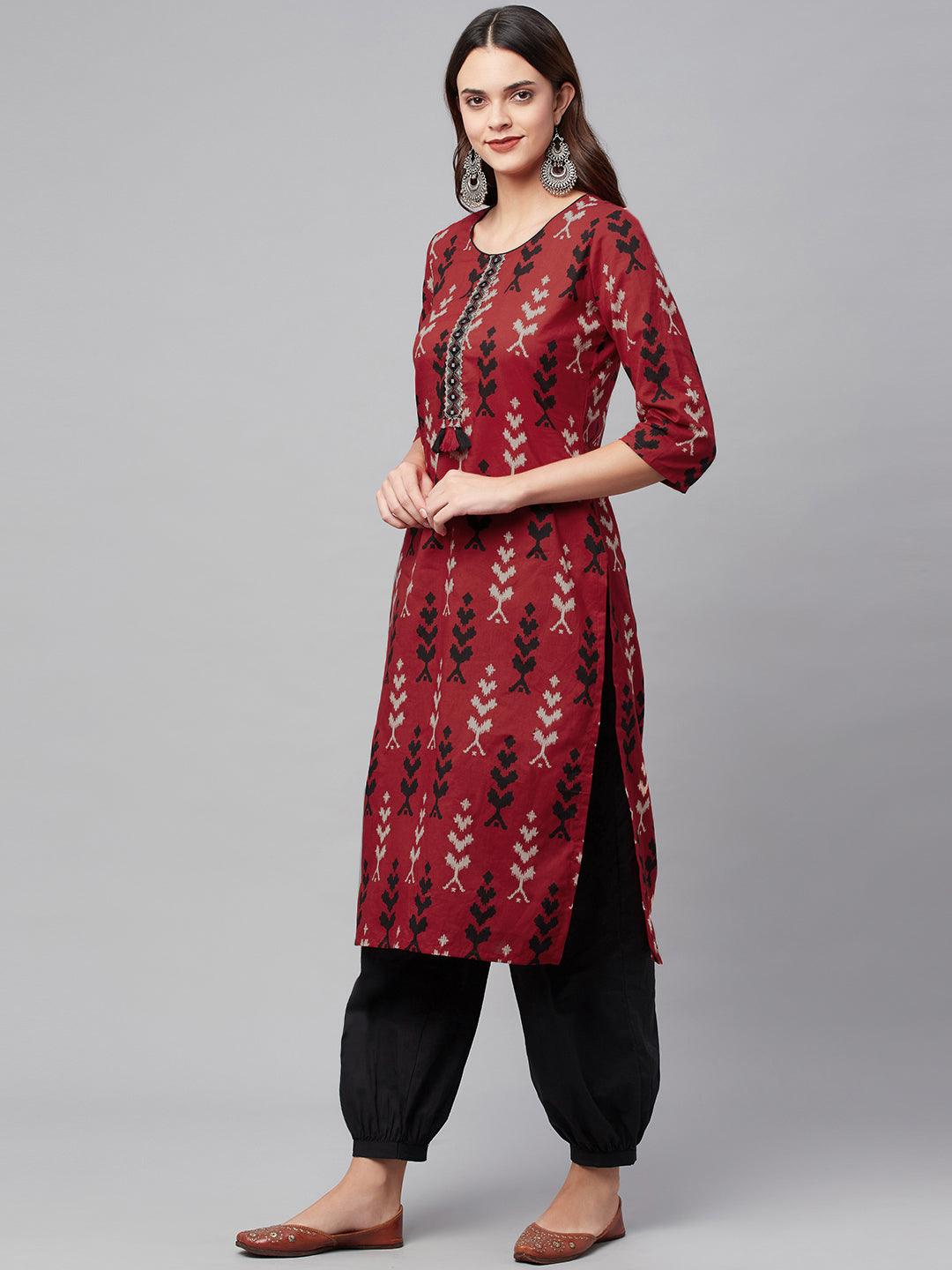 Eshani Maroon Cotton Straight Kurta Hem Cuffed Pant set - Eshani world