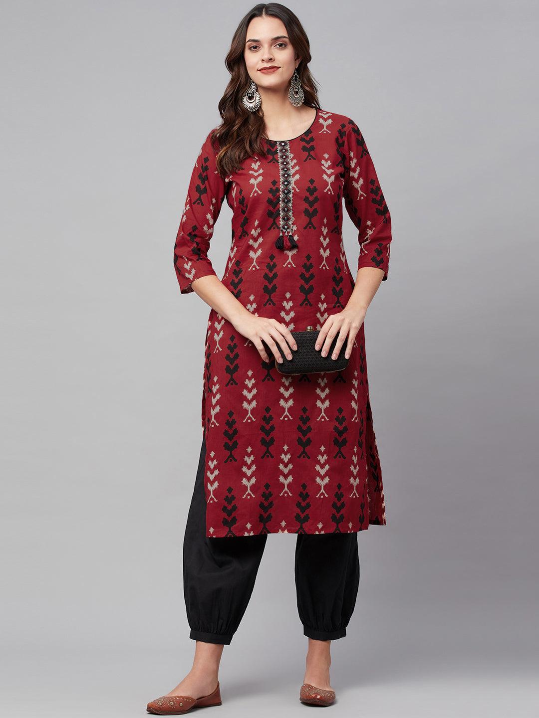 Eshani Maroon Cotton Straight Kurta Hem Cuffed Pant set - Eshani world