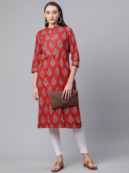 Eshani Red Cotton Straight Kurta - Eshani world