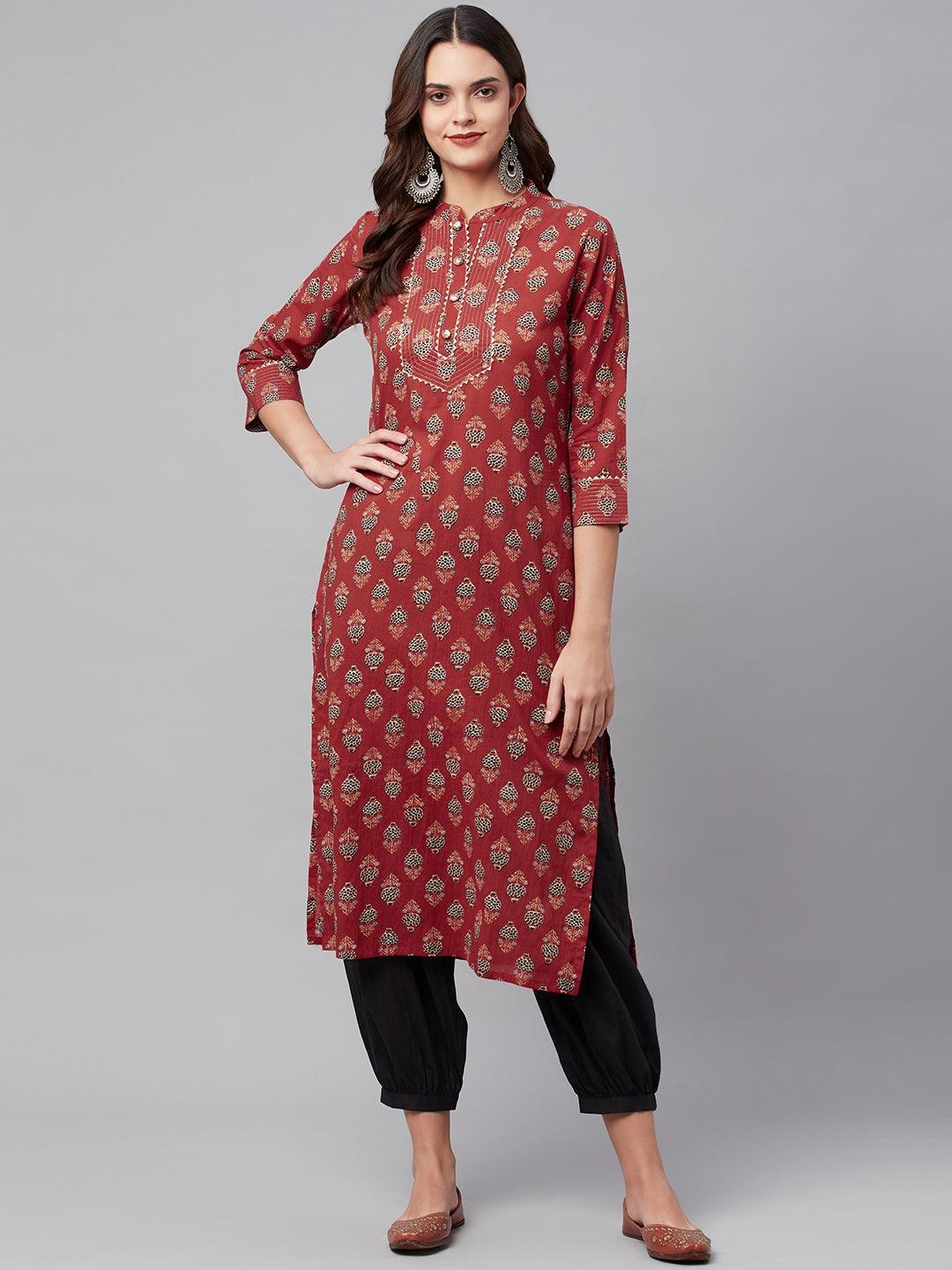 Eshani Red Ethnic Cotton Straight Kurta - Eshani world