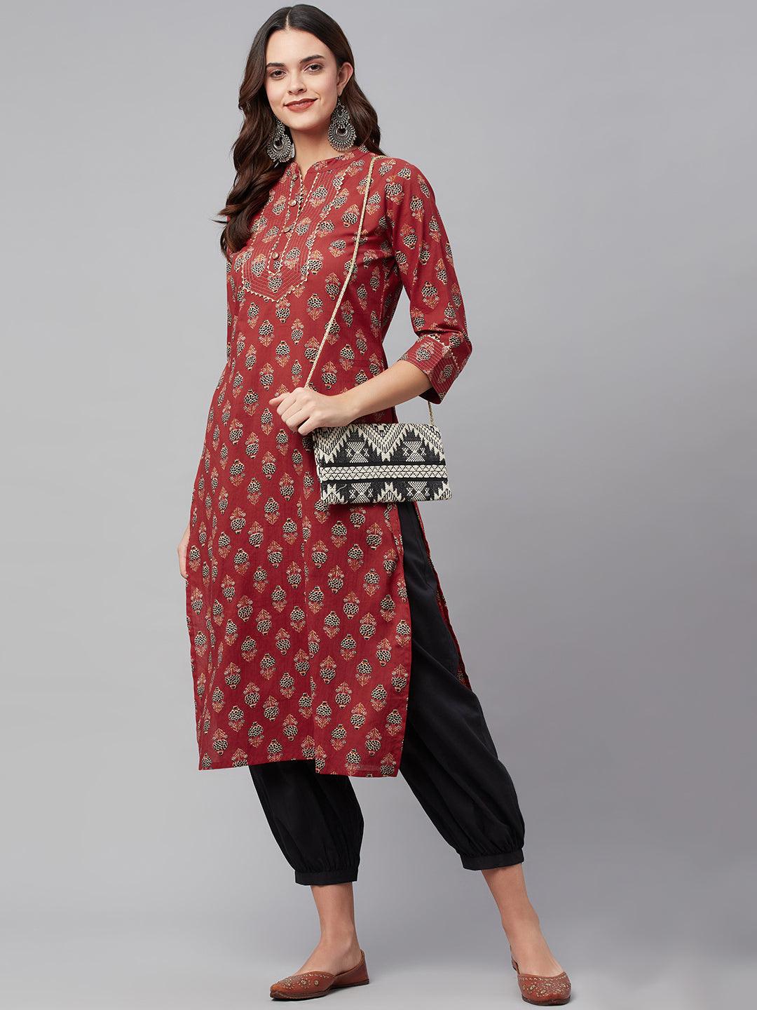 Eshani Red Ethnic Cotton Straight Kurta - Eshani world