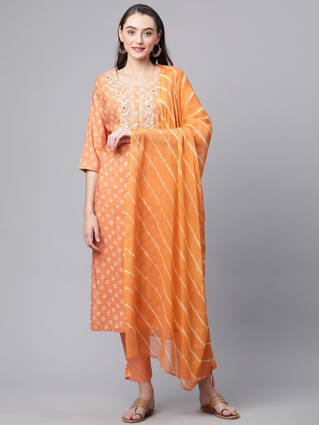 Eshani Orange Chanderi Kurta Cotton pant set With Chiffon leheriya Dupatta - divenaworld.com