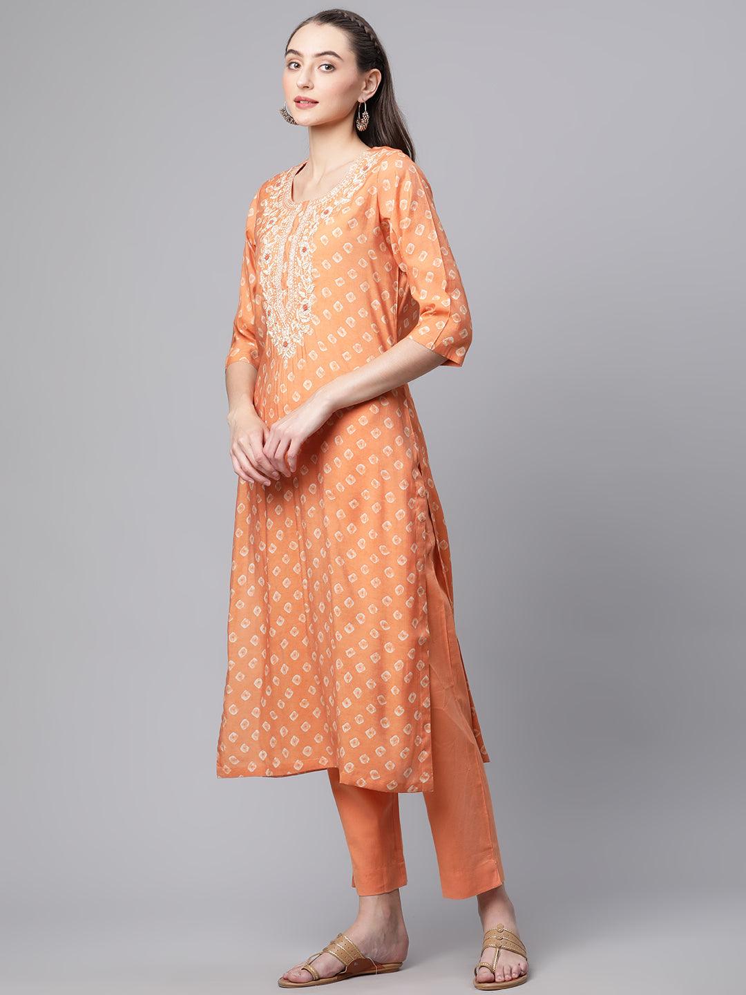 Eshani Orange Chanderi Kurta Cotton pant set With Chiffon leheriya Dupatta - divenaworld.com