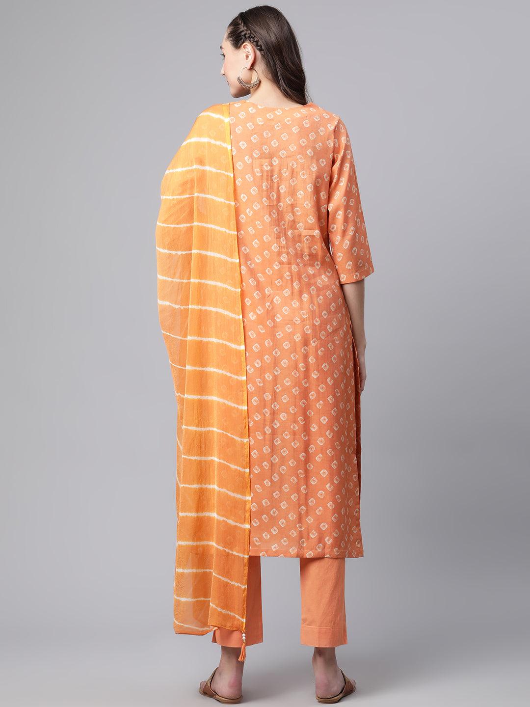 Eshani Orange Chanderi Kurta Cotton pant set With Chiffon leheriya Dupatta - divenaworld.com