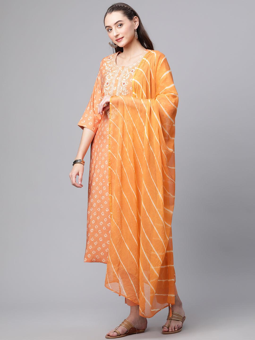 Eshani Orange Chanderi Kurta Cotton pant set With Chiffon leheriya Dupatta - divenaworld.com