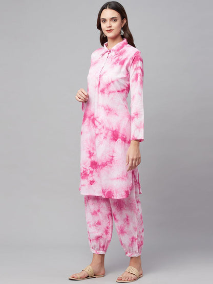 Eshani Pink Cotton Shirt Style Kurta Hem Cuffed Pant Set - Eshani world