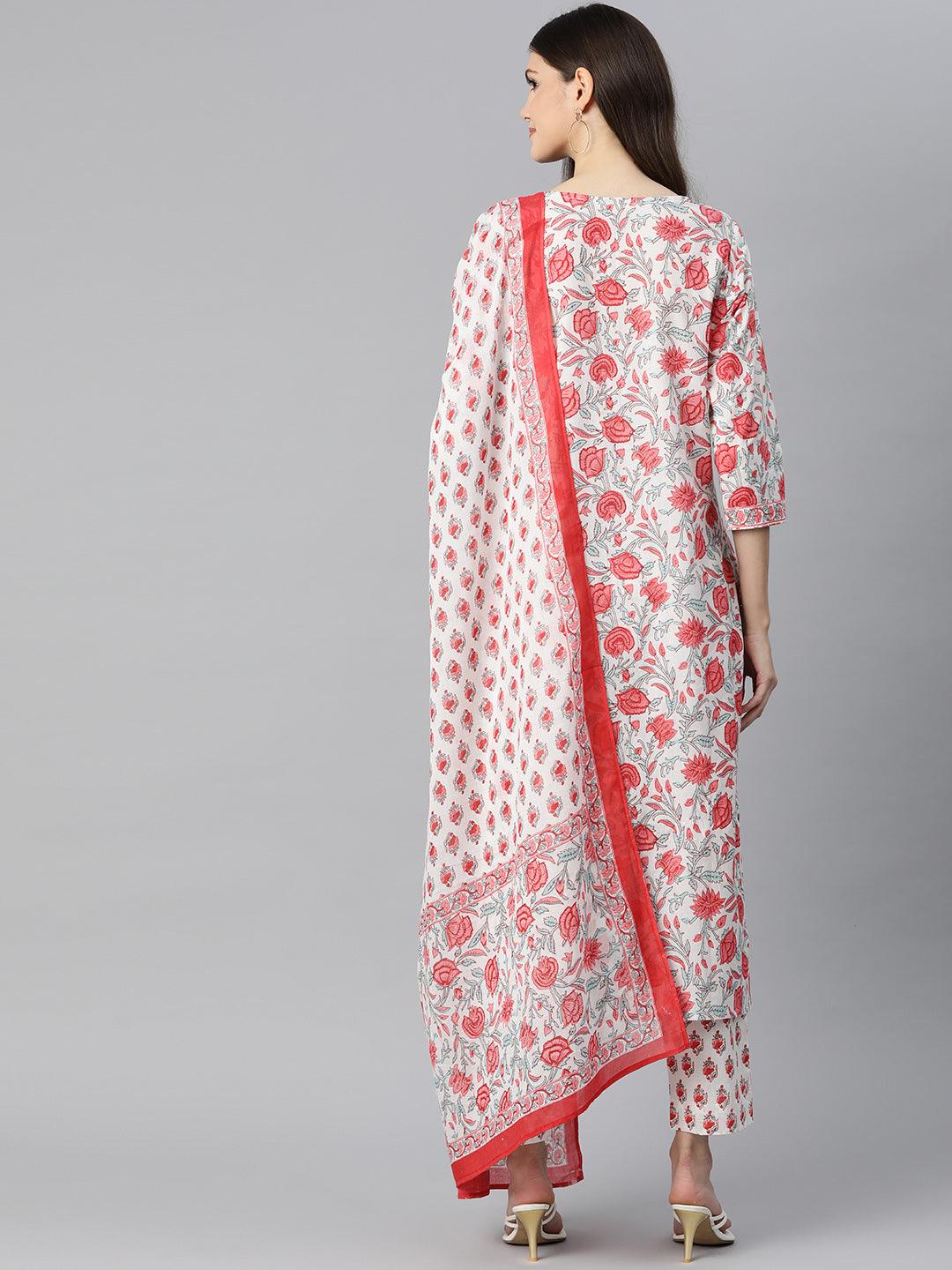 Eshani White Floral Printed Kurta Pant Set with Dupatta - Eshani world