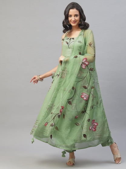 Eshani Light Green Hand Painted Floral Anarkali Kurta Pant Set with Dupatta - Eshani world