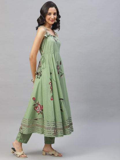 Eshani Light Green Hand Painted Floral Anarkali Kurta Pant Set with Dupatta - Eshani world