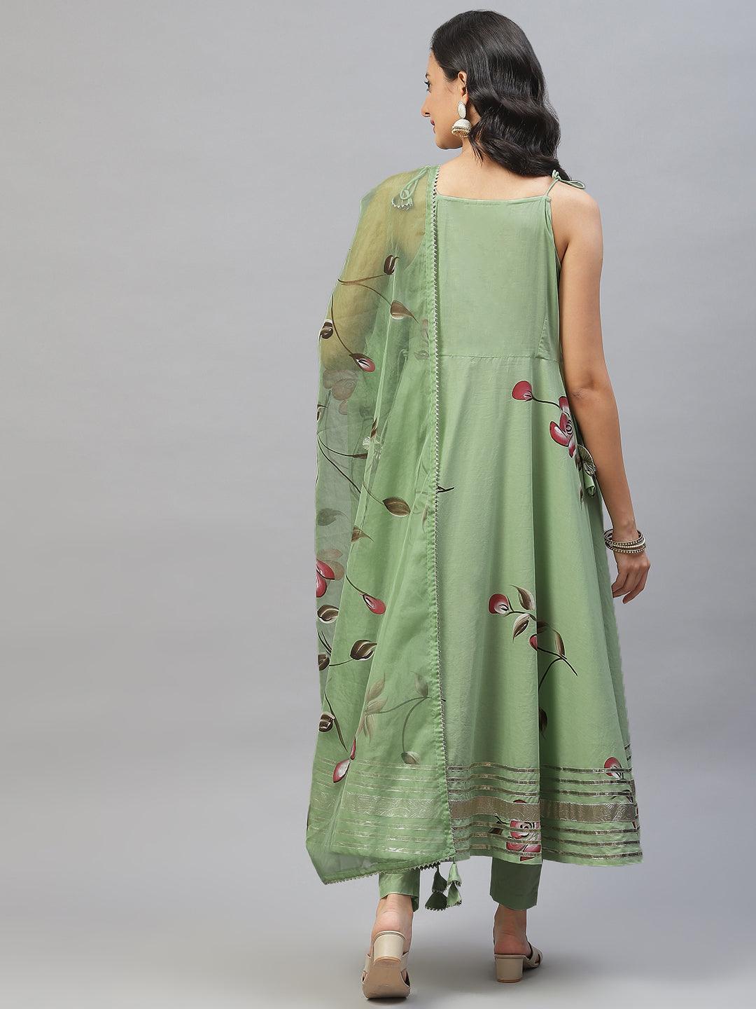 Eshani Light Green Hand Painted Floral Anarkali Kurta Pant Set with Dupatta - Eshani world