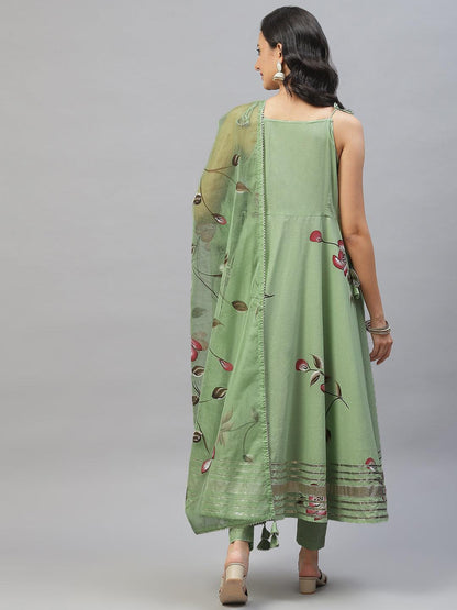 Eshani Light Green Hand Painted Floral Anarkali Kurta Pant Set with Dupatta - Eshani world