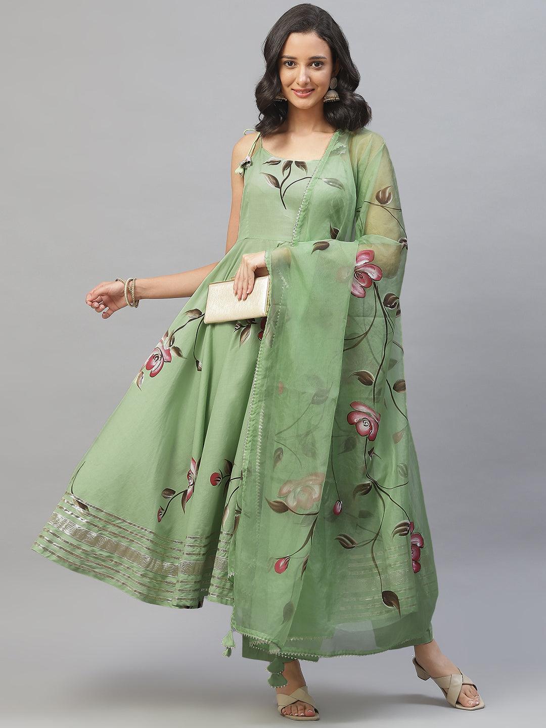 Eshani Light Green Hand Painted Floral Anarkali Kurta Pant Set with Dupatta - Eshani world