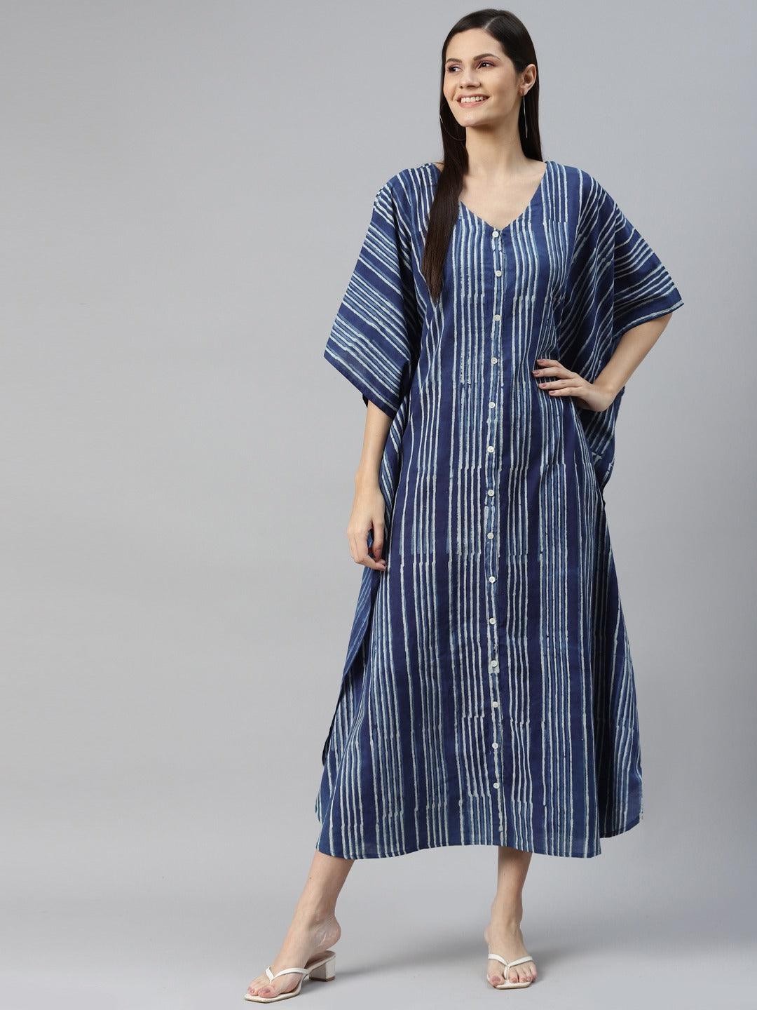 Eshani Blue Hand Block Printed Striped Kaftan Dress - Eshani world