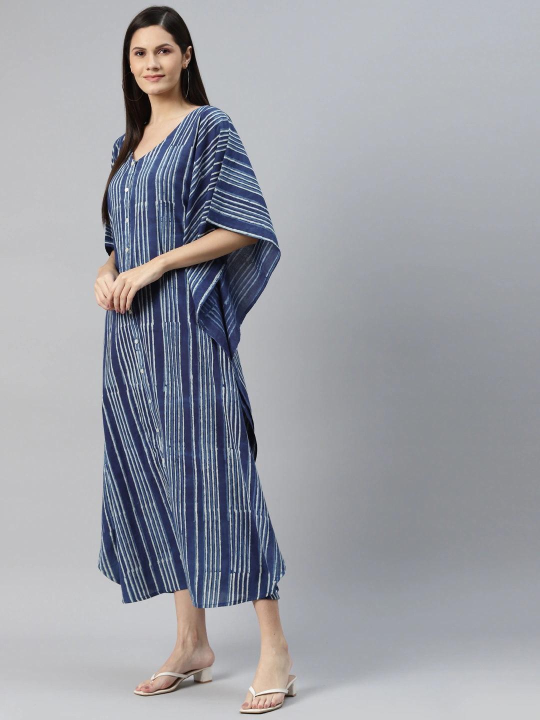 Eshani Blue Hand Block Printed Striped Kaftan Dress - Eshani world