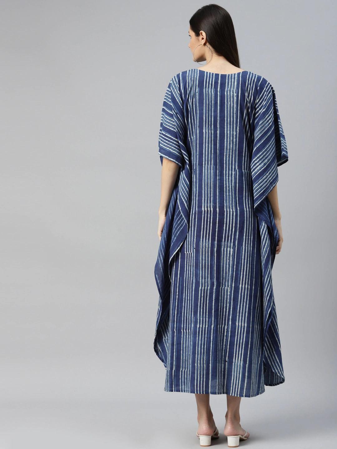 Eshani Blue Hand Block Printed Striped Kaftan Dress - Eshani world