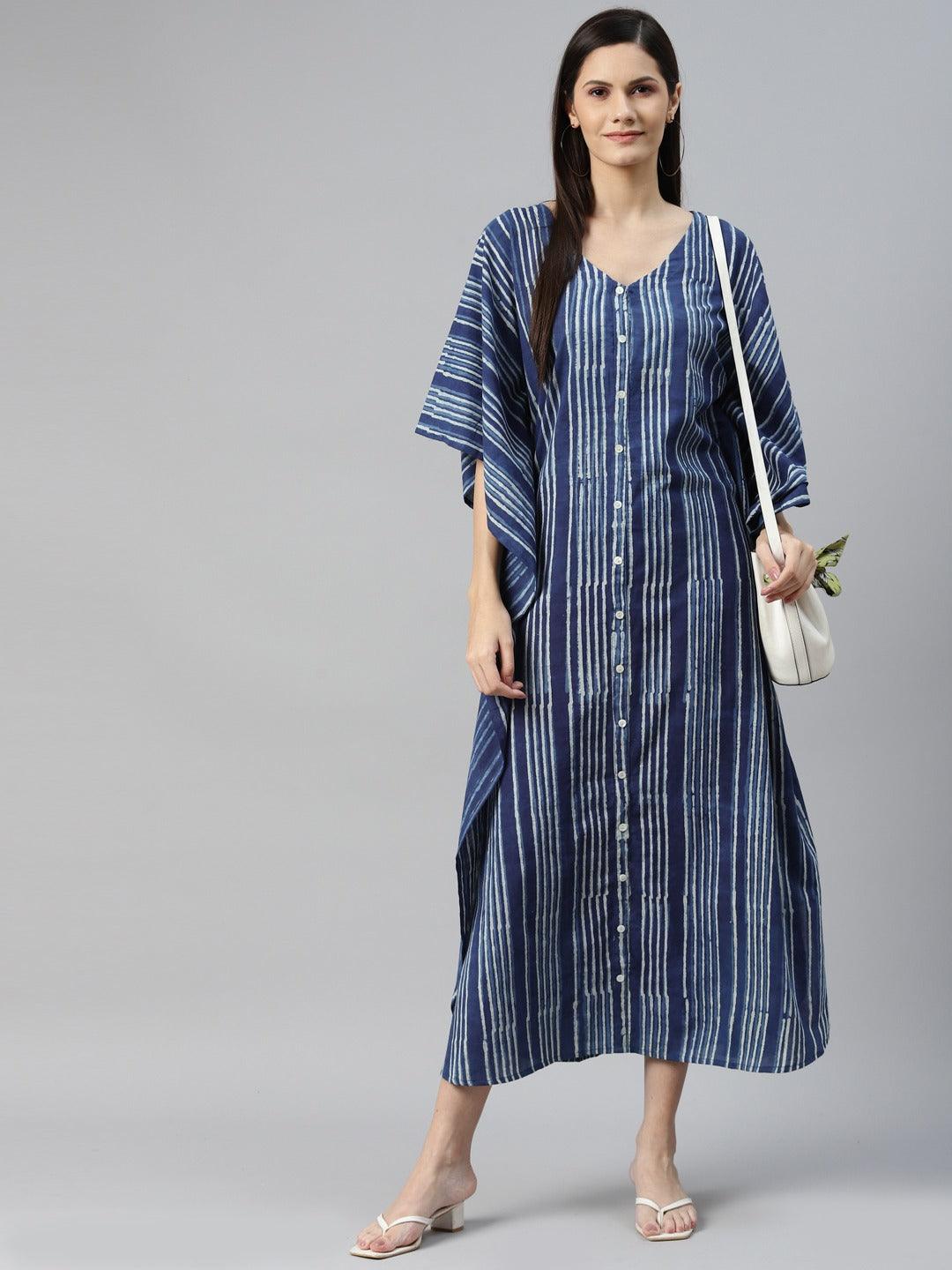 Eshani Blue Hand Block Printed Striped Kaftan Dress - Eshani world