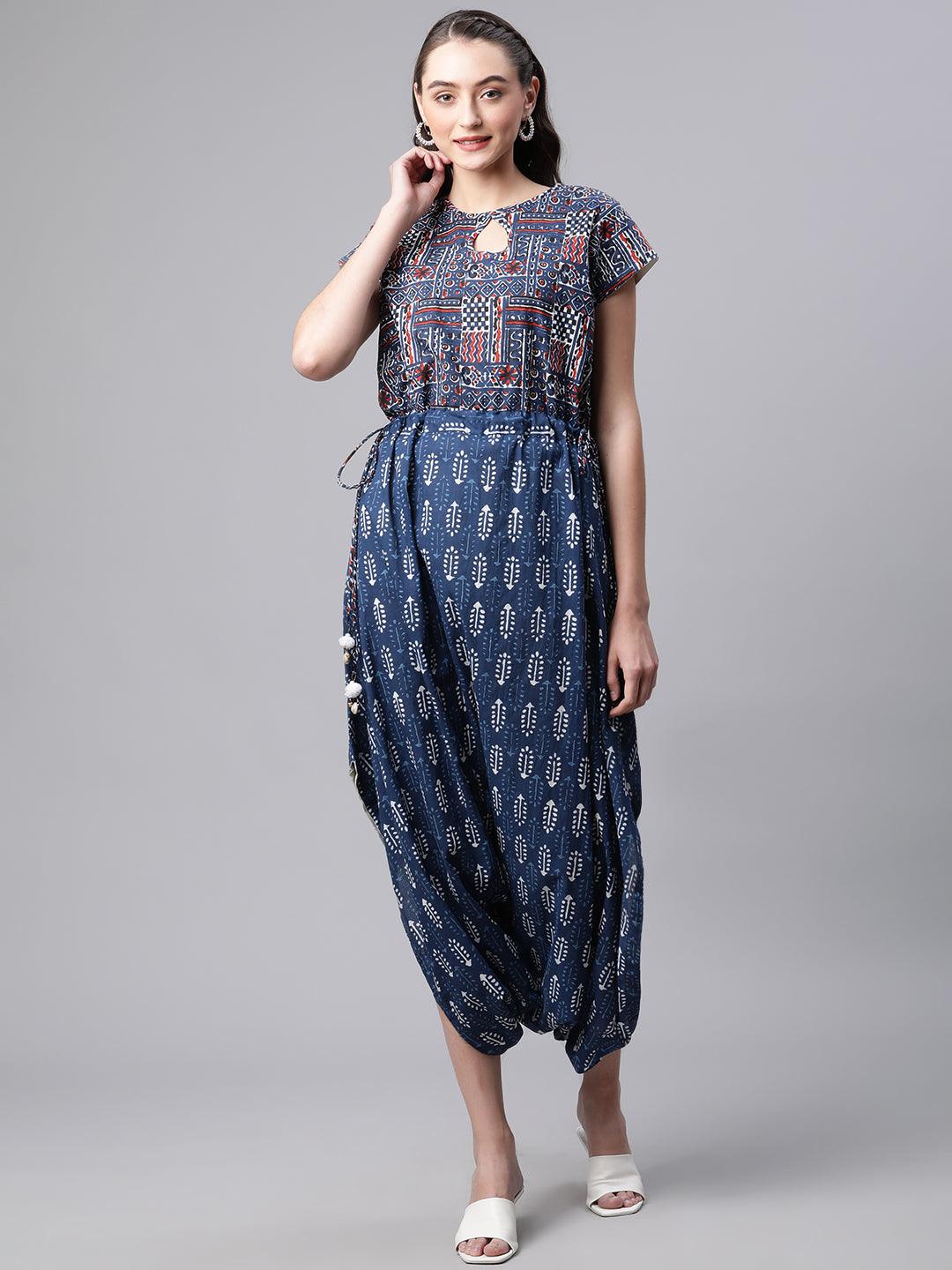 Eshani Indigo Hand Block Dhoti Style Cotton Jumpsuit - Eshani world