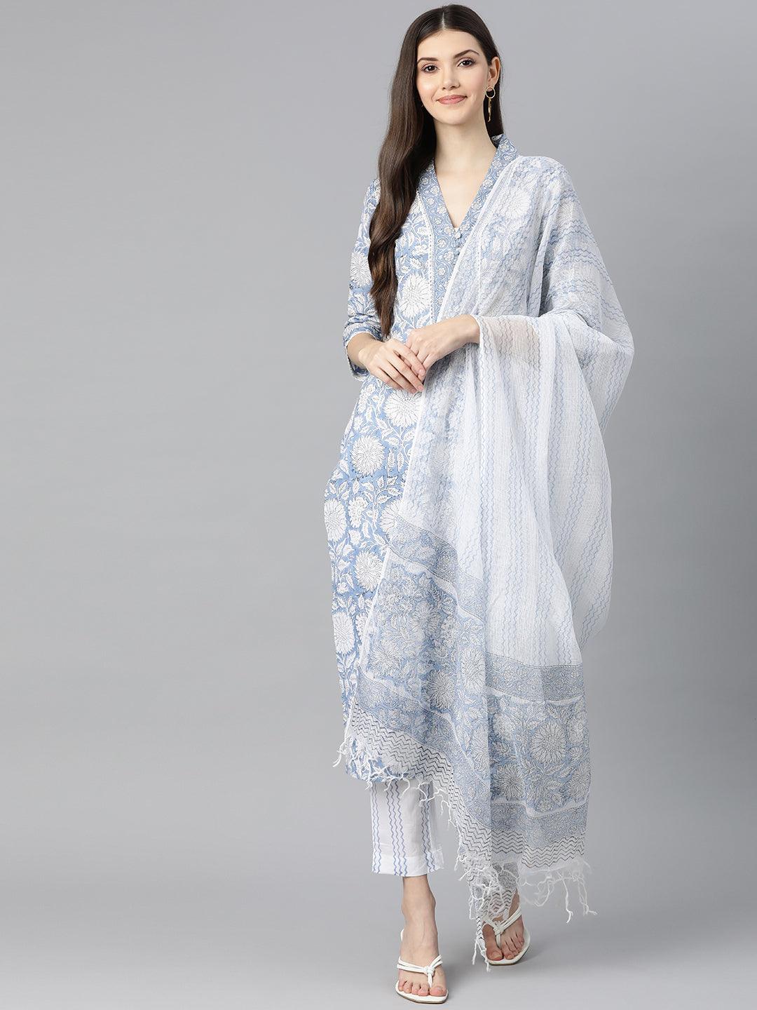 Eshani Sky blue Hand Block Printed Straight kurta Pant Set with Dupatta - Eshani world