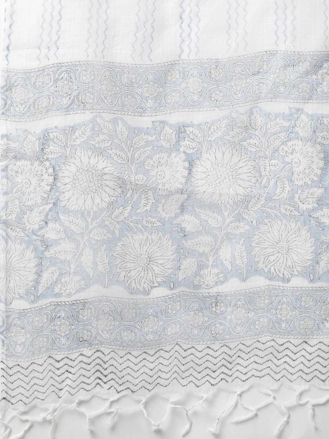 Eshani Sky blue Hand Block Printed Straight kurta Pant Set with Dupatta - Eshani world