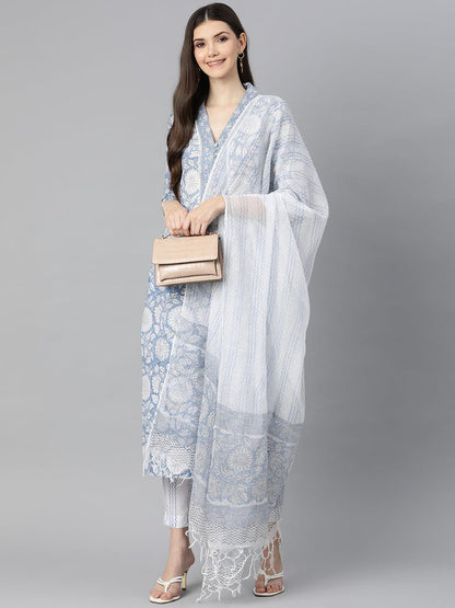 Eshani Sky blue Hand Block Printed Straight kurta Pant Set with Dupatta - Eshani world