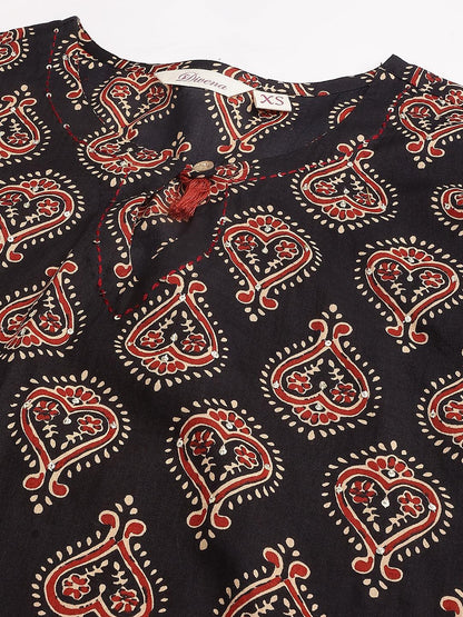 Eshani Black and Red Cotton Buti Printed Kurta with hem Cuffed pant set - Eshani world