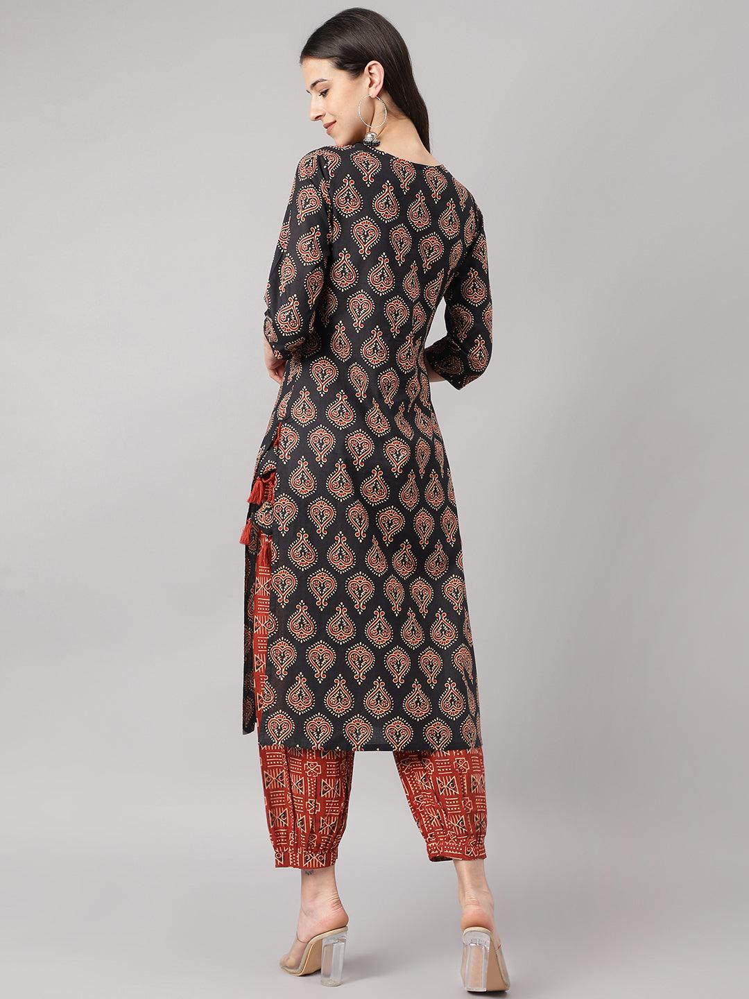 Eshani Black and Red Cotton Buti Printed Kurta with hem Cuffed pant set - Eshani world