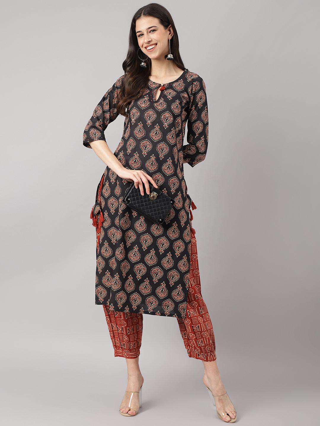 Eshani Black and Red Cotton Buti Printed Kurta with hem Cuffed pant set - Eshani world