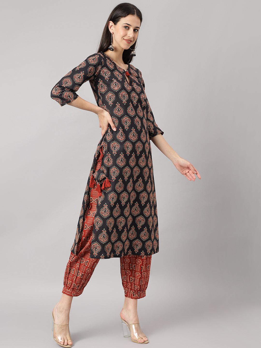 Eshani Black and Red Cotton Buti Printed Kurta with hem Cuffed pant set - Eshani world