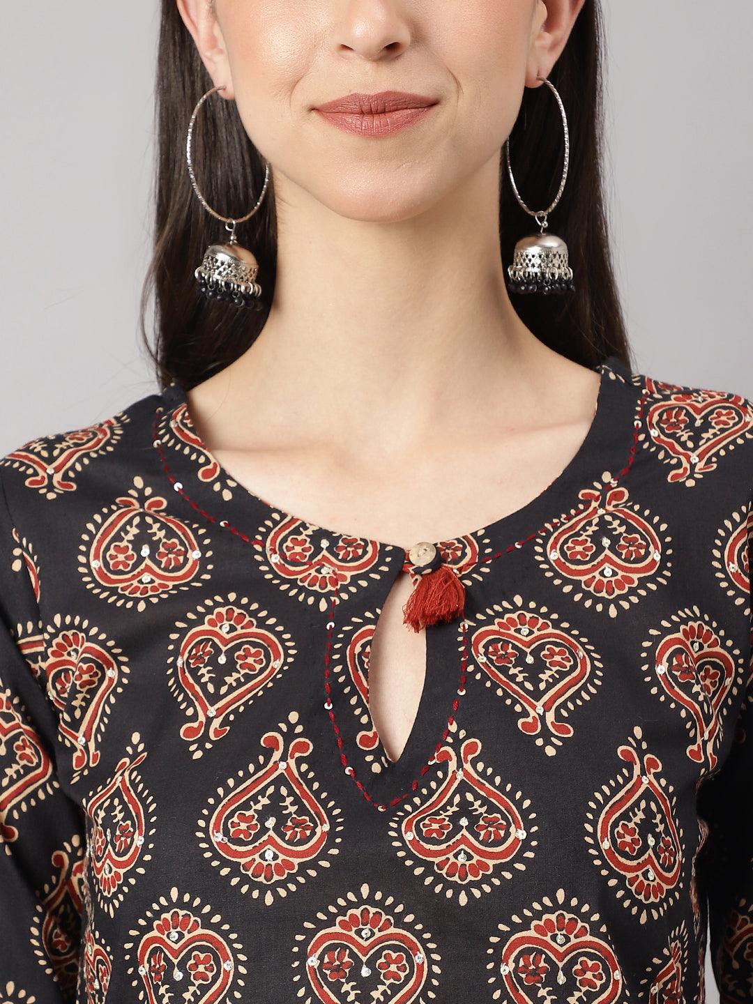 Eshani Black and Red Cotton Buti Printed Kurta with hem Cuffed pant set - Eshani world