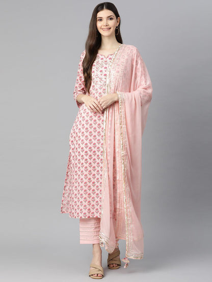 Eshani Pink Cotton Straight Kurta Pant Set With Dupatta - Eshani world