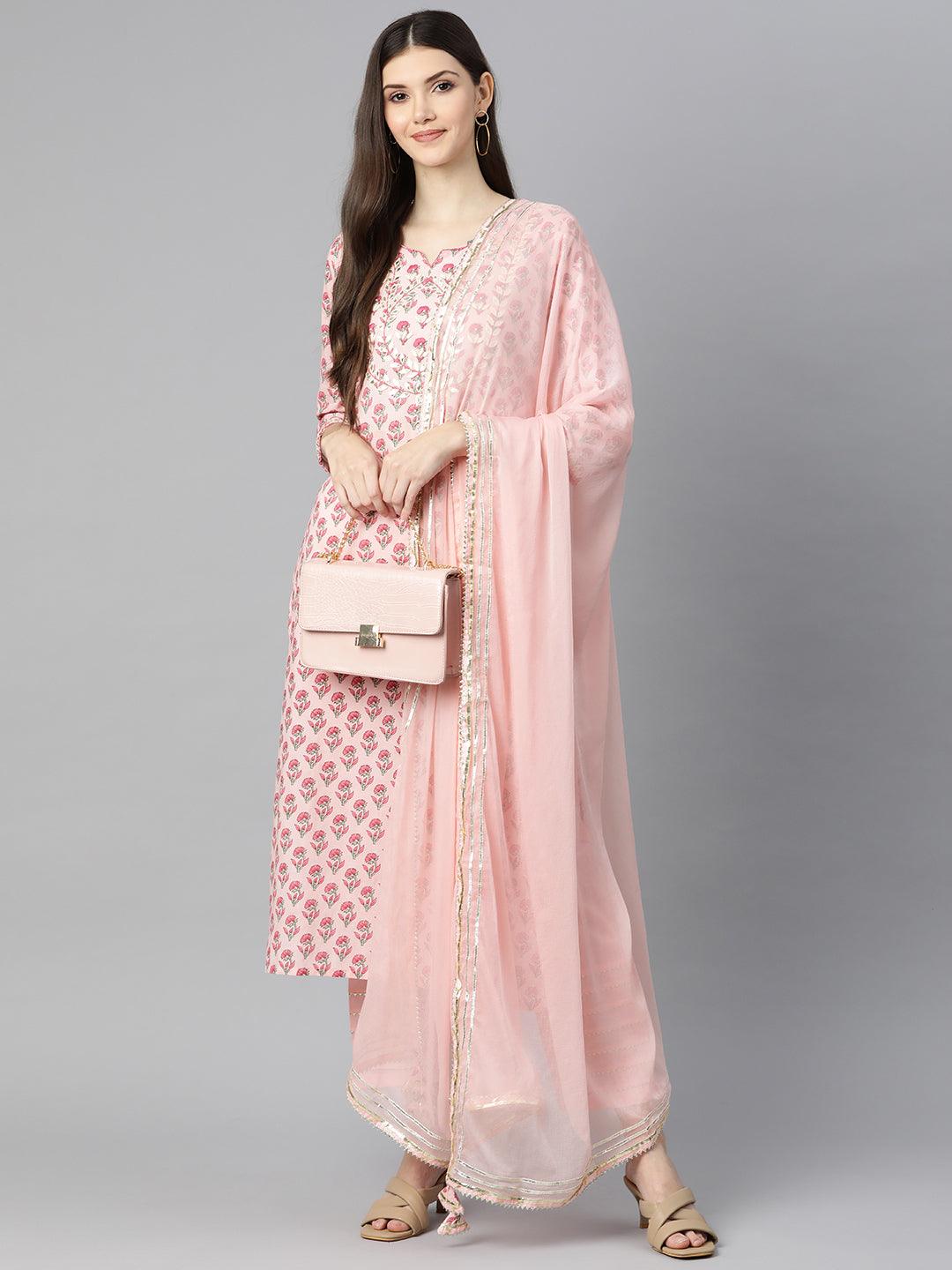 Eshani Pink Cotton Straight Kurta Pant Set With Dupatta - Eshani world