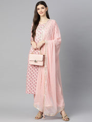 Eshani Pink Cotton Straight Kurta Pant Set With Dupatta - Eshani world