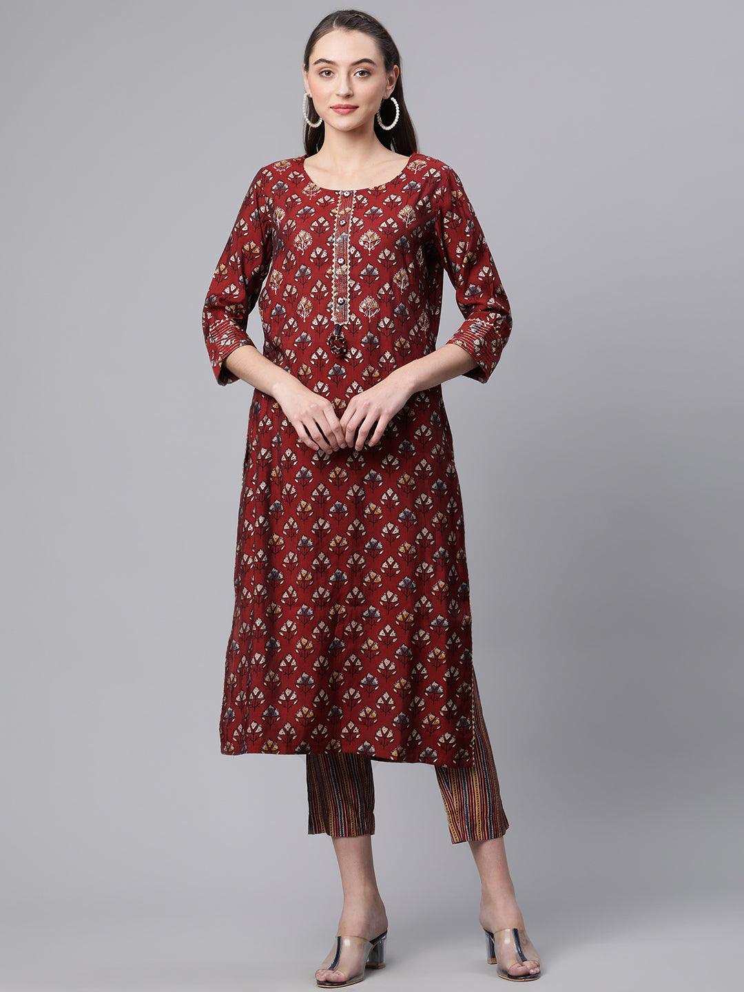 Eshani Maroon Chanderi Kurta pant set - divenaworld.com