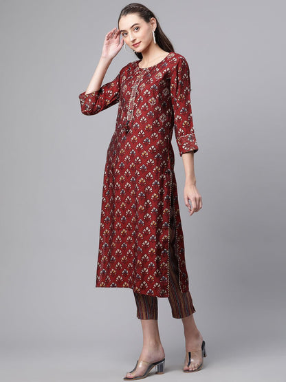 Eshani Maroon Chanderi Kurta pant set - divenaworld.com