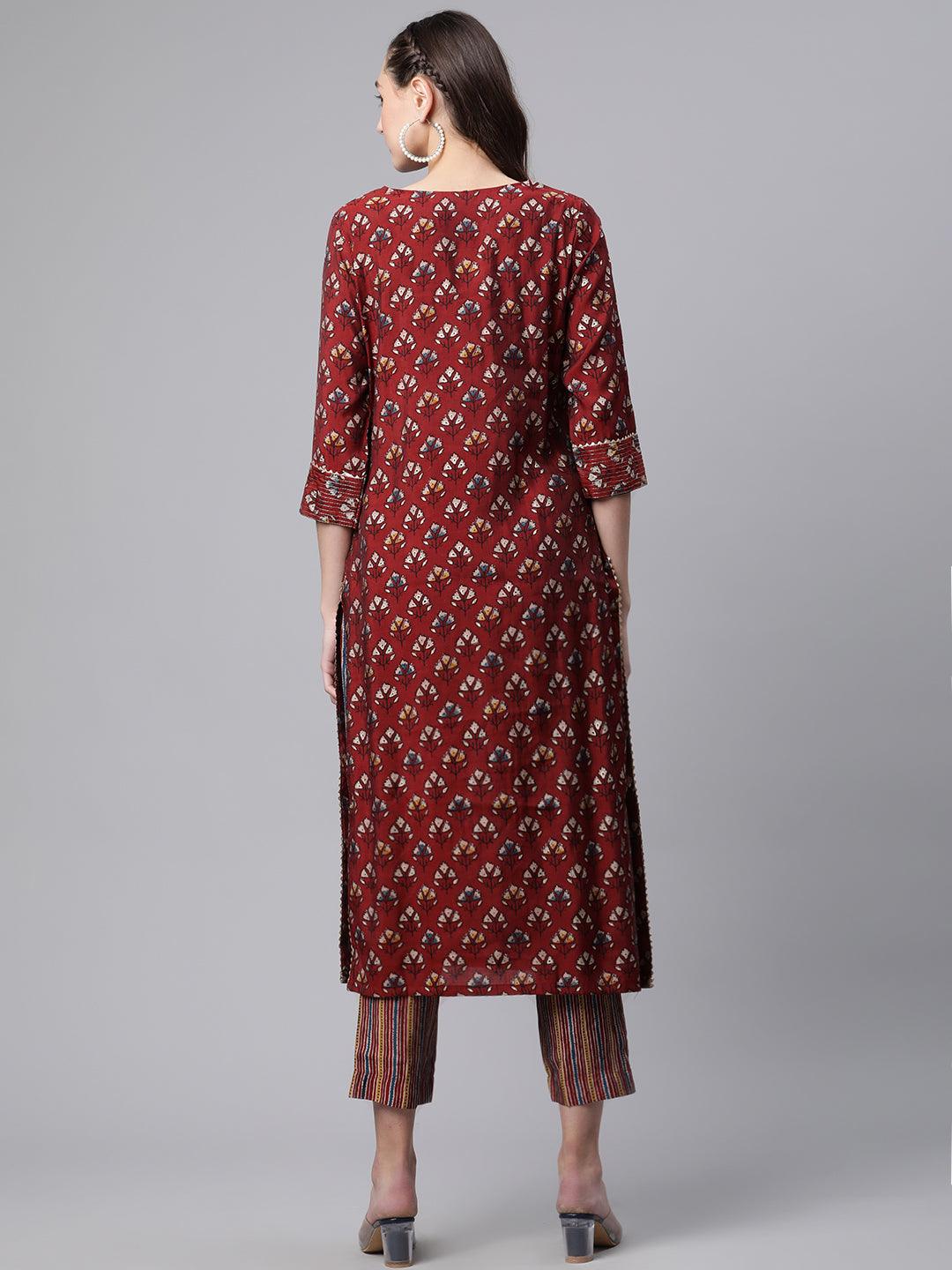 Eshani Maroon Chanderi Kurta pant set - divenaworld.com