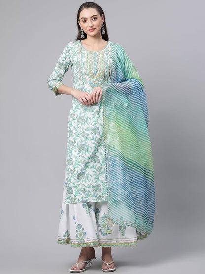 Eshani White Floral Printed Kurta Palazzo set with Dupatta - divenaworld.com