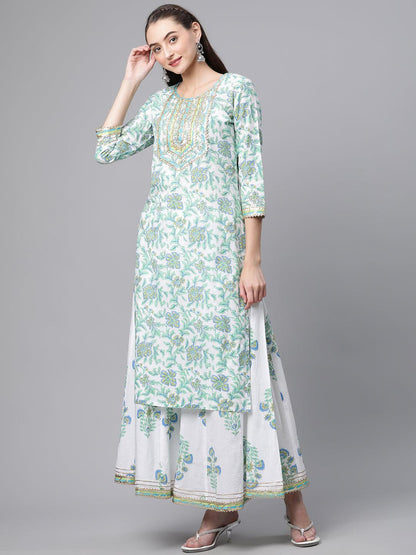 Eshani White Floral Printed Kurta Palazzo set with Dupatta - divenaworld.com