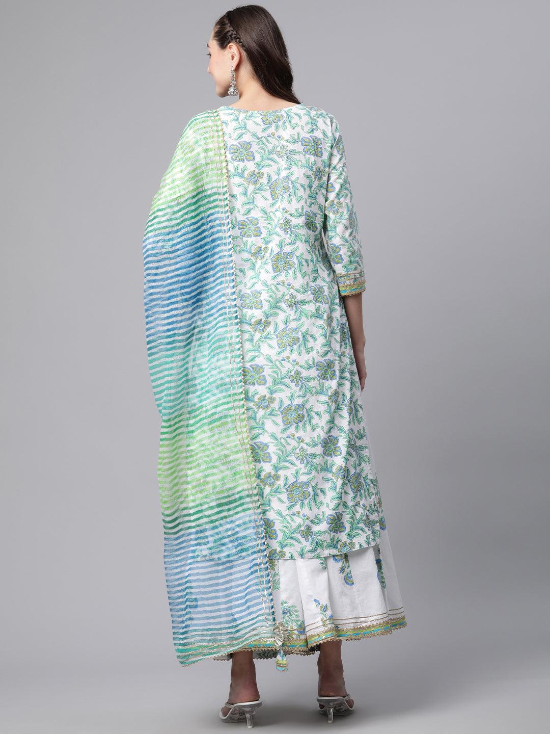 Eshani White Floral Printed Kurta Palazzo set with Dupatta - divenaworld.com