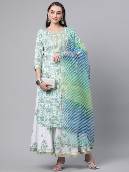 Eshani White Floral Printed Kurta Palazzo set with Dupatta - divenaworld.com