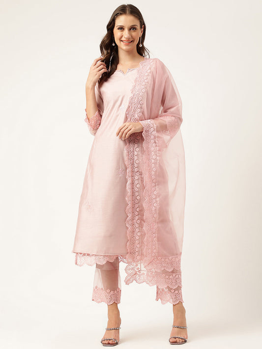 Eshani Solid Chanderi Kurta with Inner,Trouser Inner & Dupatta Set