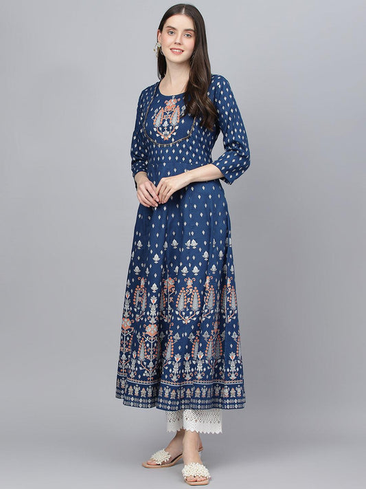 Eshani Indigo Ethnic Motif Rayon Anarkali Kurta - Eshani world