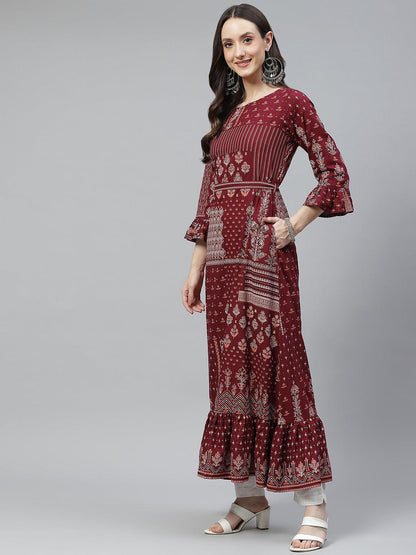 Eshani Maroon Rayon A-line Kurta with Belt - Eshani world