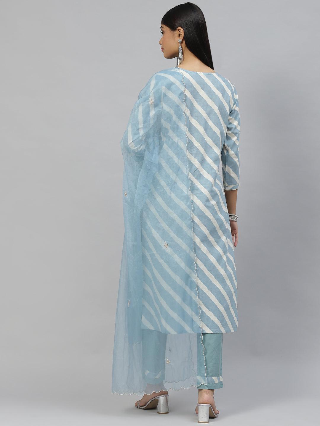 Eshani Sky Blue Leheriya Cotton Kurta Pant set With Organza Dupatta - Eshani world