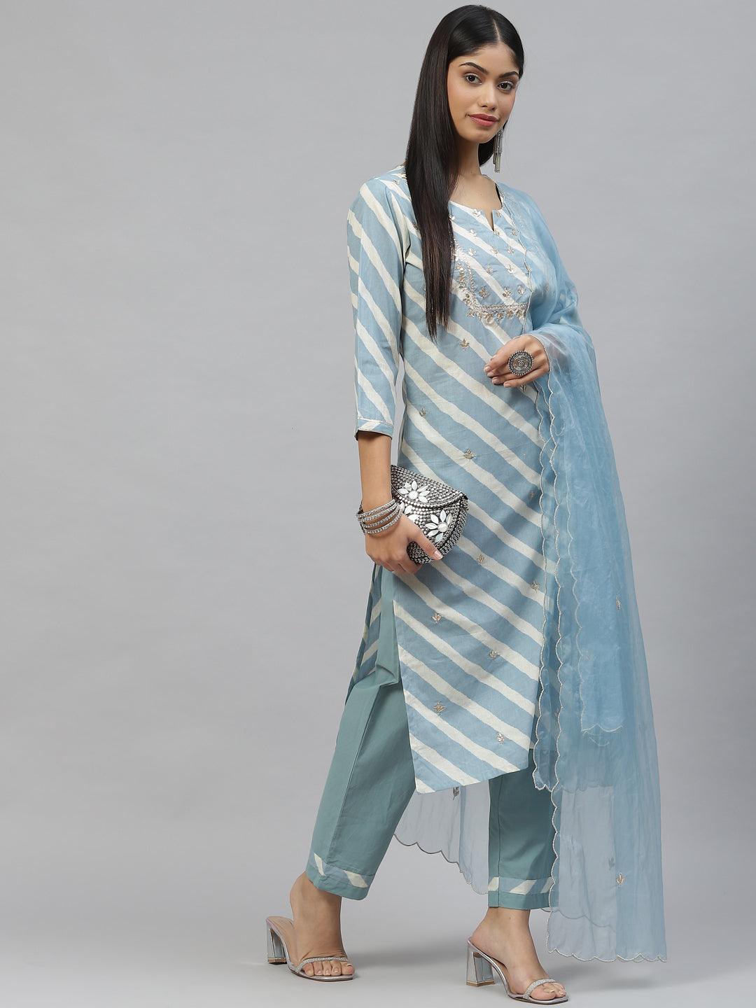 Eshani Sky Blue Leheriya Cotton Kurta Pant set With Organza Dupatta - Eshani world